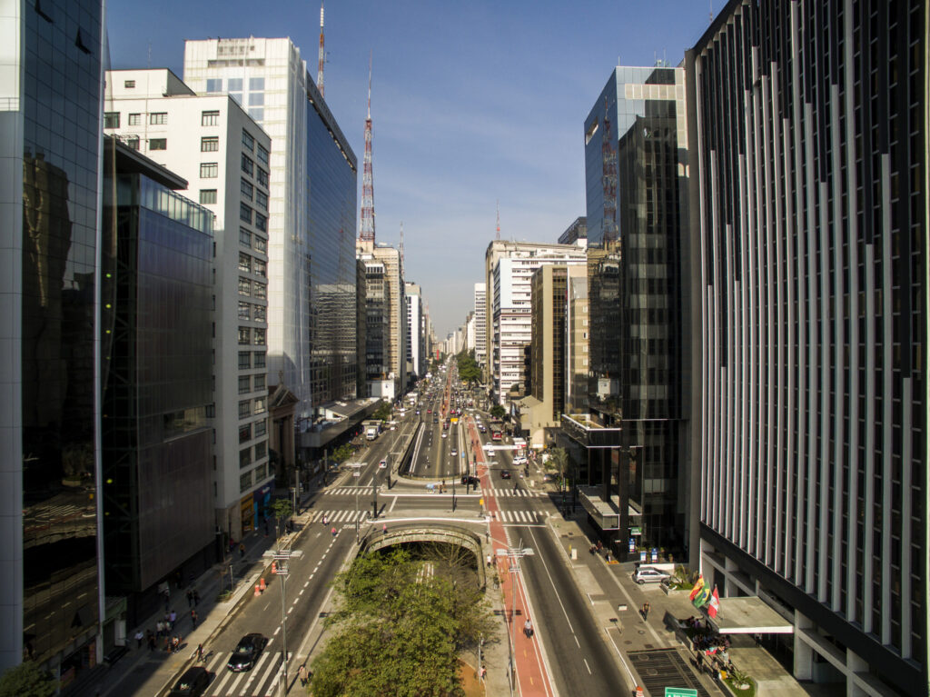 Sao Paulo, Brazil, August, 2017. Aerial view on Paulista Avenue, in Sao Paulo city